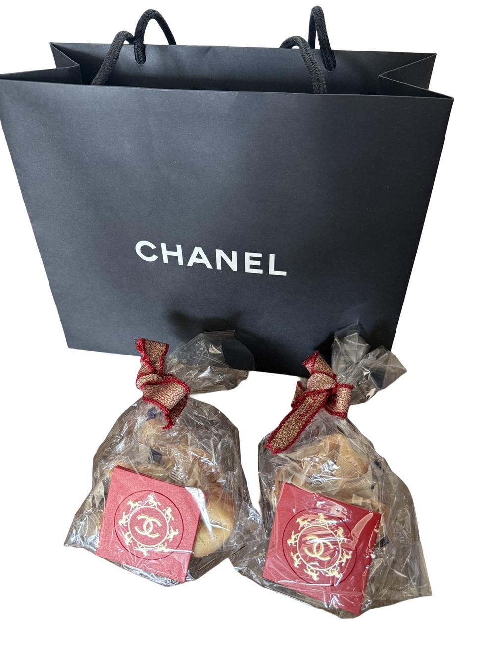 CHANEL Black Shopping Bag with Red-Accented Wrapped Fortune Cookies